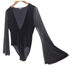 Motel Rocks Black Velvet Bodysuit Sheer Bell Sleeves Size Small